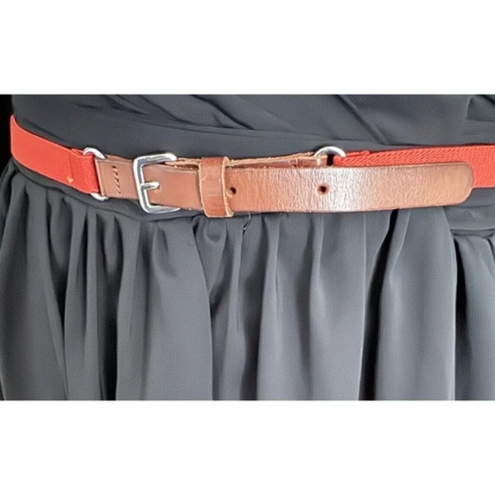LOFT Skinny Elastic‎ Belt Brown Leather Orange Stretch Waist Silver Buckle 47-53